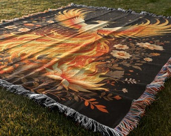 Phoenix Woven Cotton Blanket: Mythical Firebird Throw