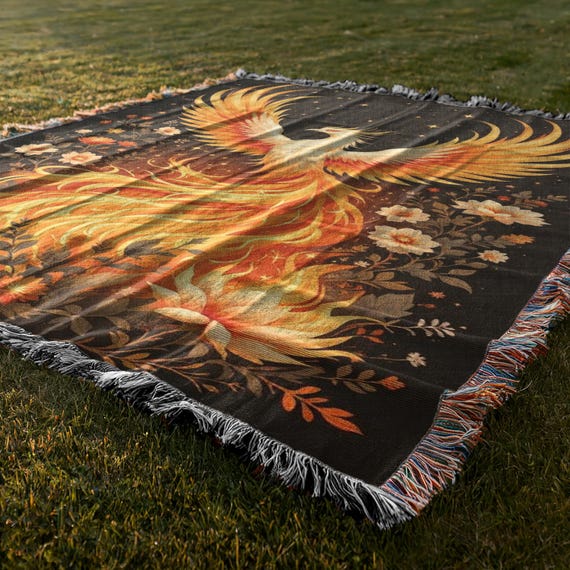 Phoenix Woven Cotton Blanket: Mythical Firebird Throw