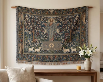 Christ is Risen Woven Blanket, Jesus Easter Christian Tapestry, Catholic Decorations