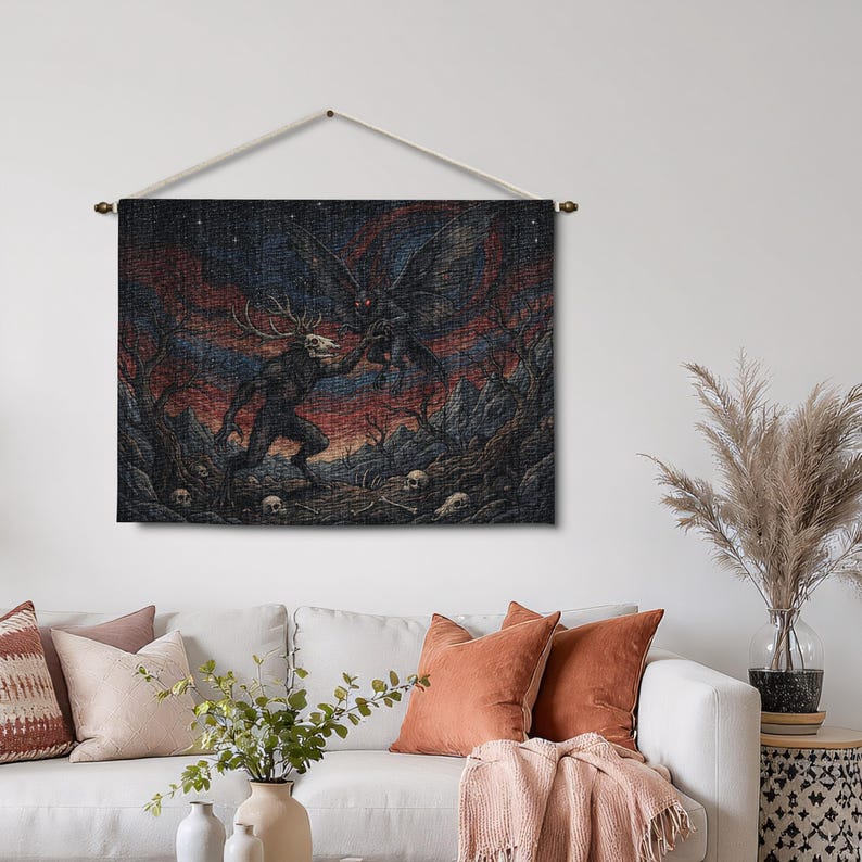 Dark Fantasy Wall Art, Gothic Tapestry, Mysterious Creature, Surreal Landscape, Wall Hanging Decor, Unique Home Decor, Creepy Art