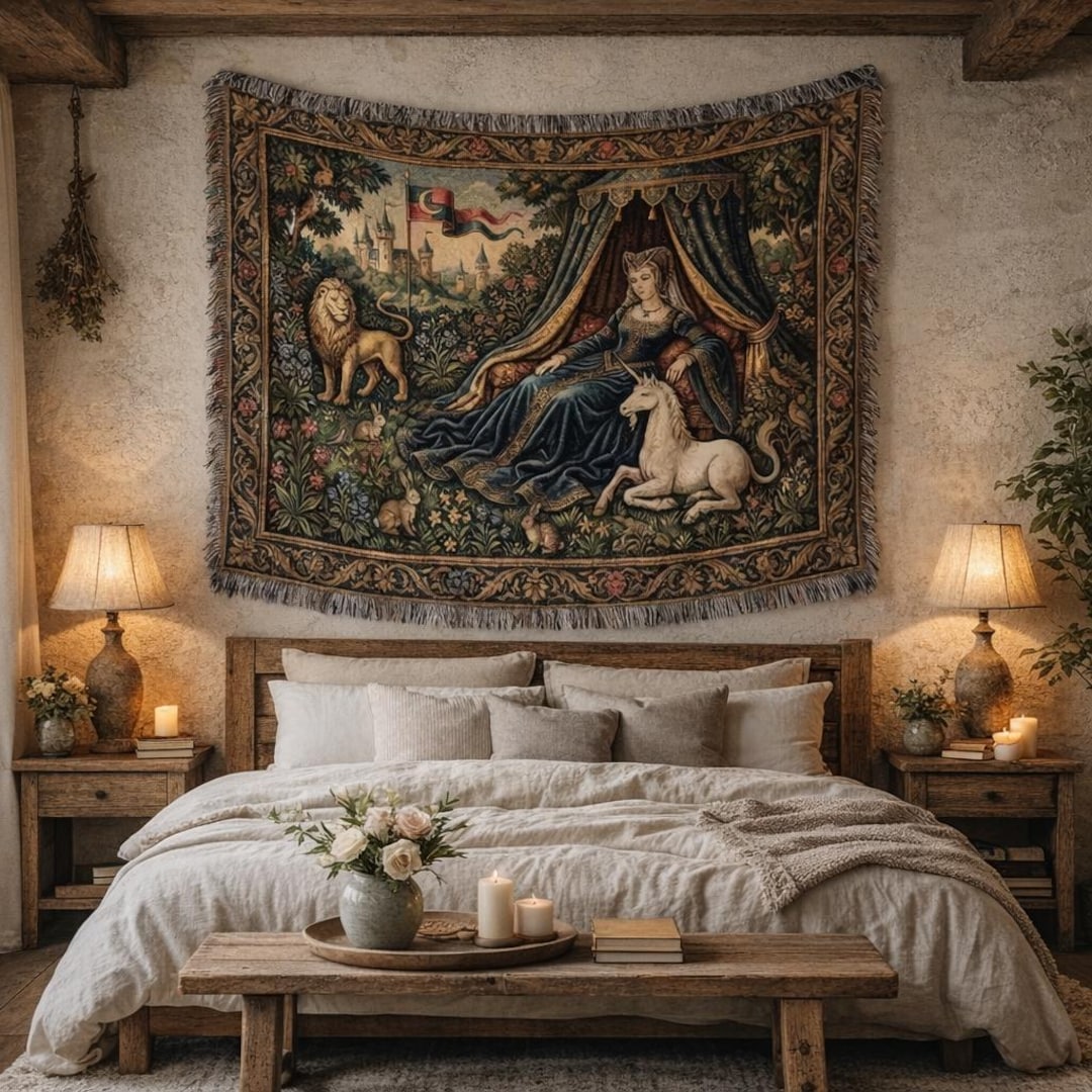 その他 USED BLANKET Lady and Unicorn Woven Blanket, Medieval Tapestry, Fine Art Wall