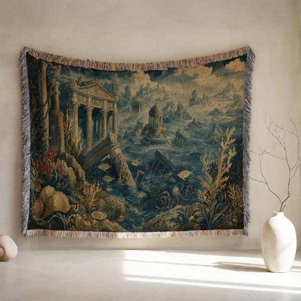 Atlantis gewebter Wandteppich, Dark Academia Wandbehang, Fantasy Decke Dekor