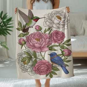 Bluebird Blanket, Floral Plush Blanket, Hummingbird Baby Blanket, Bird Lover Gift, Birding Throw Blanket, Botanical Blanket, Nursery Decor