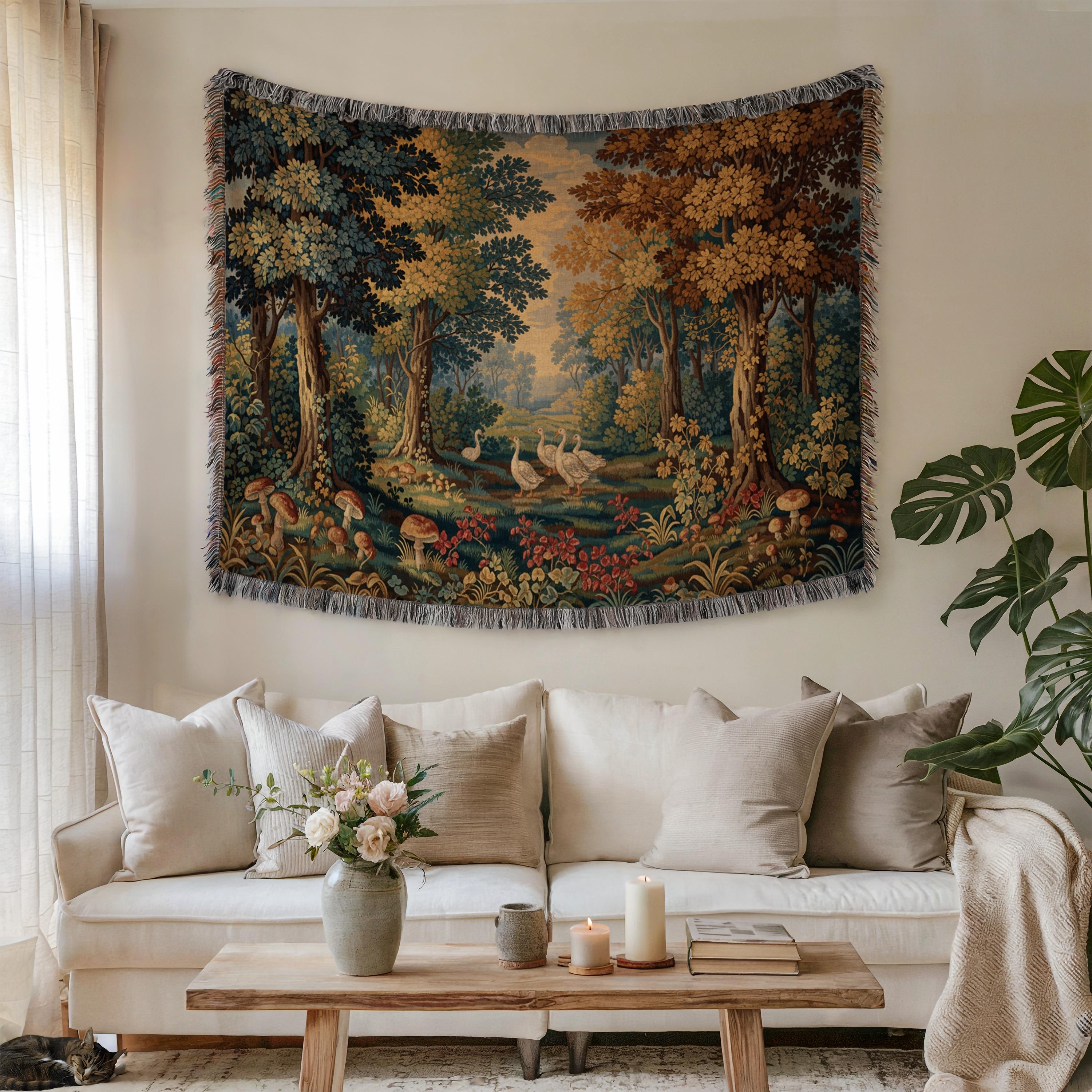 Enchanted Forest Woven Cotton Blanket: Verdure Tapestry Wall Hanging