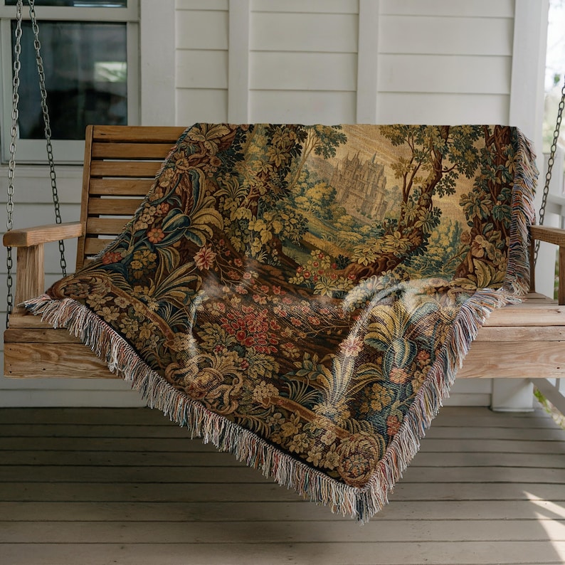 Vintage Castle and Garden Tapestry Blanket, Decorative Woven Throw, Artful Home Decor, Elegant Living Room Accent, Cozy Sofa Cover