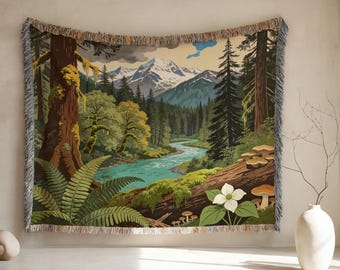 Manta tejida con paisaje forestal, tapiz de río de montaña, decoración rústica para cabaña, hilo 100% algodón.