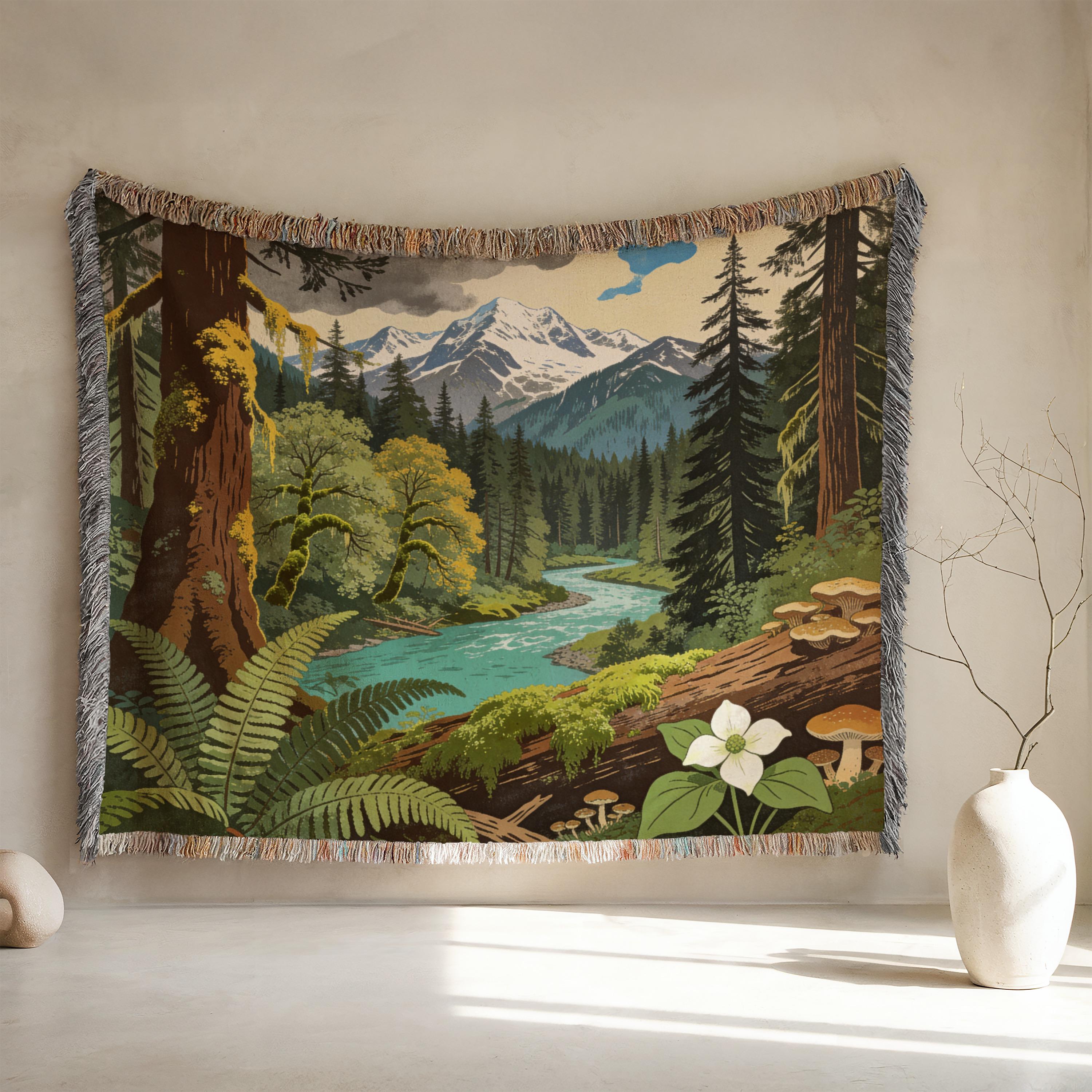 Woven Forest Landscape Blanket, Mountain River Tapestry Throw