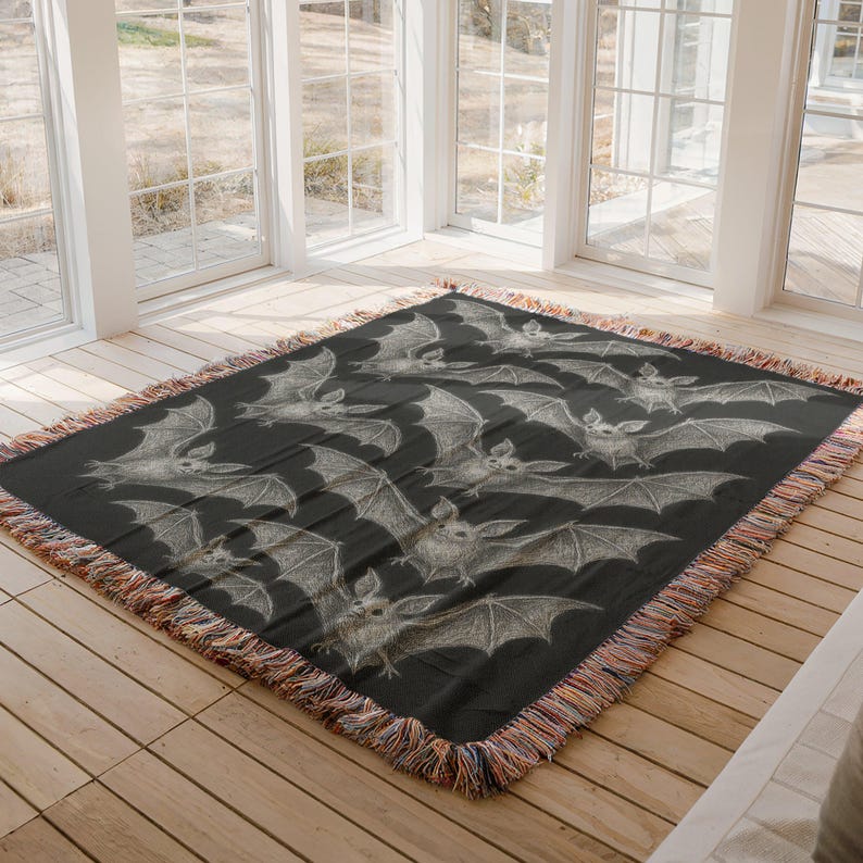 Halloween bat blanket, spooky home decor throw, gothic Halloween decor, creepy bat design, unique Halloween gift, bat themed blanket