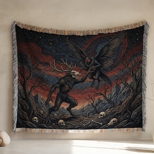 Gothic Fantasy Tapestry, Mythical Creature Wall Hanging, Dark Art Decor, Unique Home Decoration, Mysterious Animal Scene Art Blanket