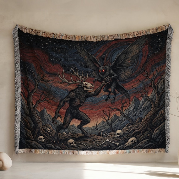 Mothman Wendigo Cryptid Tapestry: Dark Gothic Fantasy Woven Blanket Wall Art