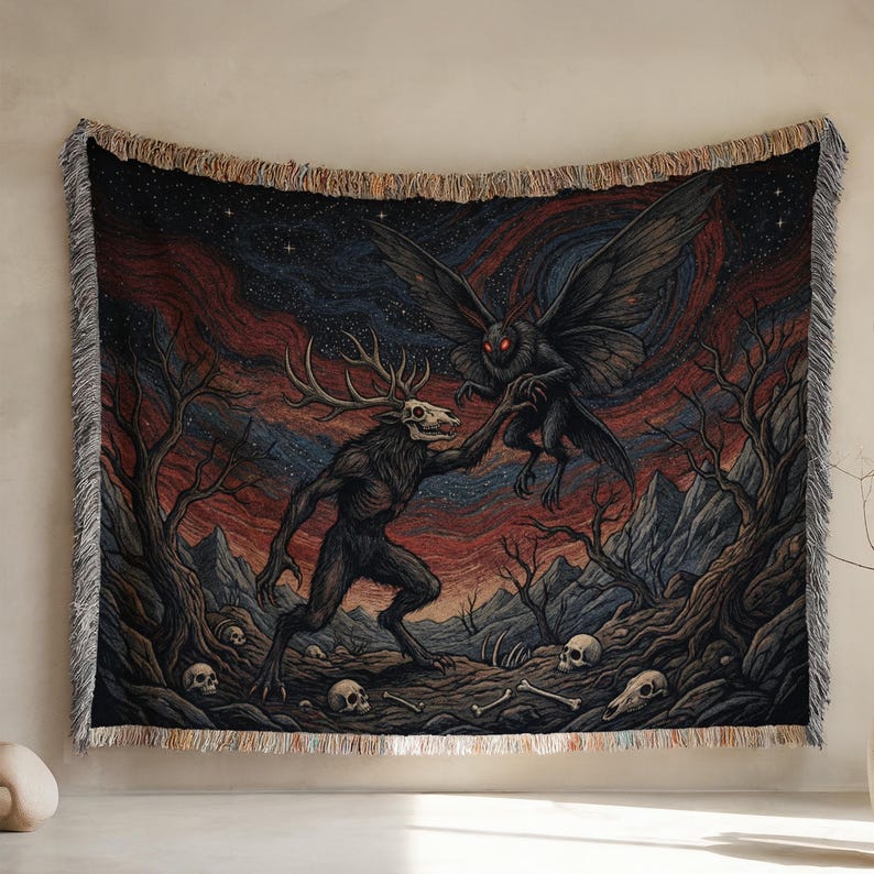 Gothic Fantasy Tapestry, Mythical Creature Wall Hanging, Dark Art Decor, Unique Home Decoration, Mysterious Animal Scene Art Blanket