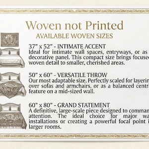 May include: A white informational sign with gold borders titled Woven not Printed. It lists three available sizes: 37 inches by 52 inches, 50 inches by 60 inches, and 60 inches by 80 inches, each accompanied by a small illustration of a bed.