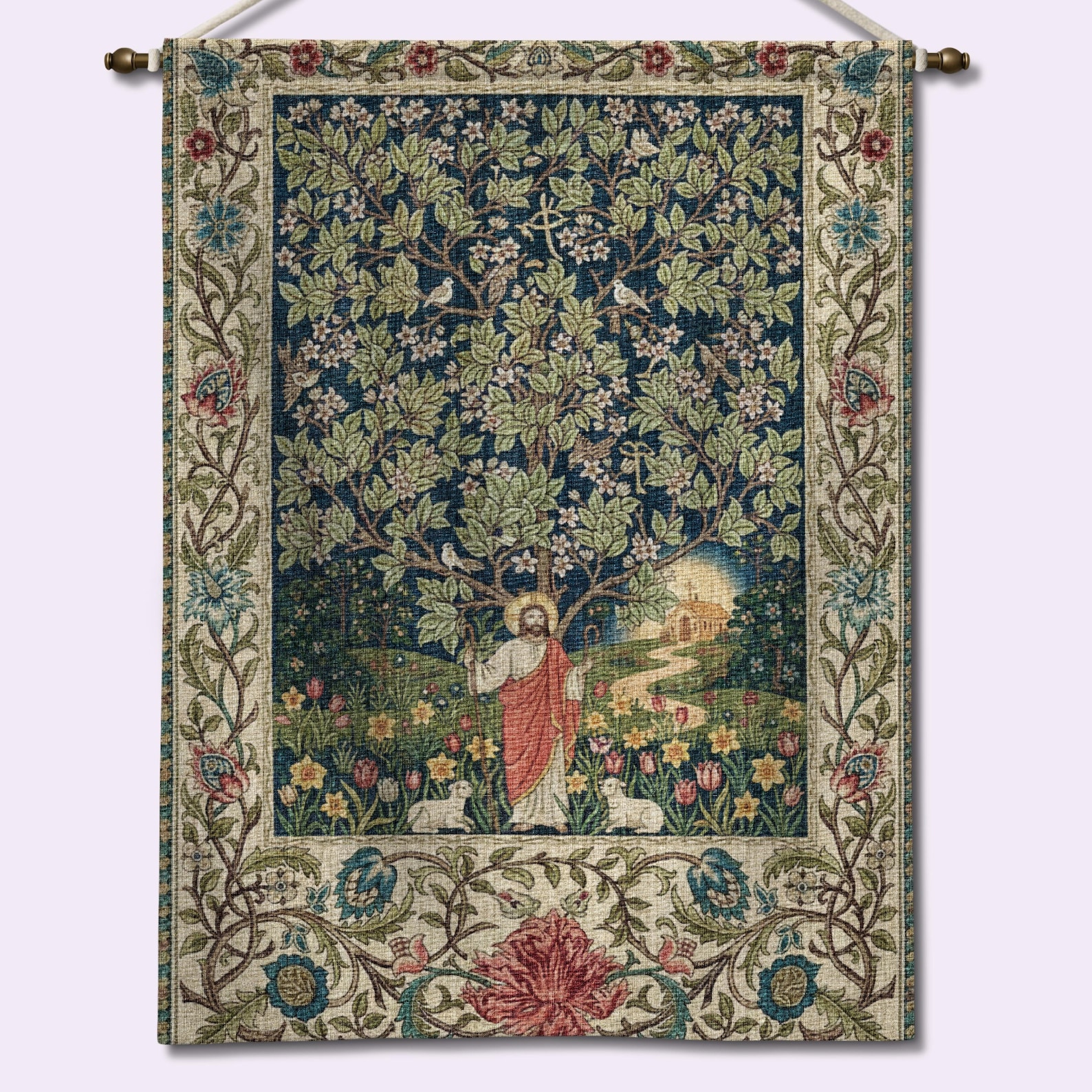 Jesus Christ Tapestry, Lamb of God, Floral Woven Christian Art