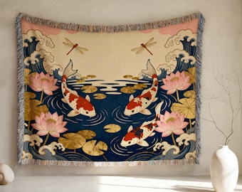 Koi-Fisch-Webdecke, Japanischer Lotus-Teppich-Wandteppich