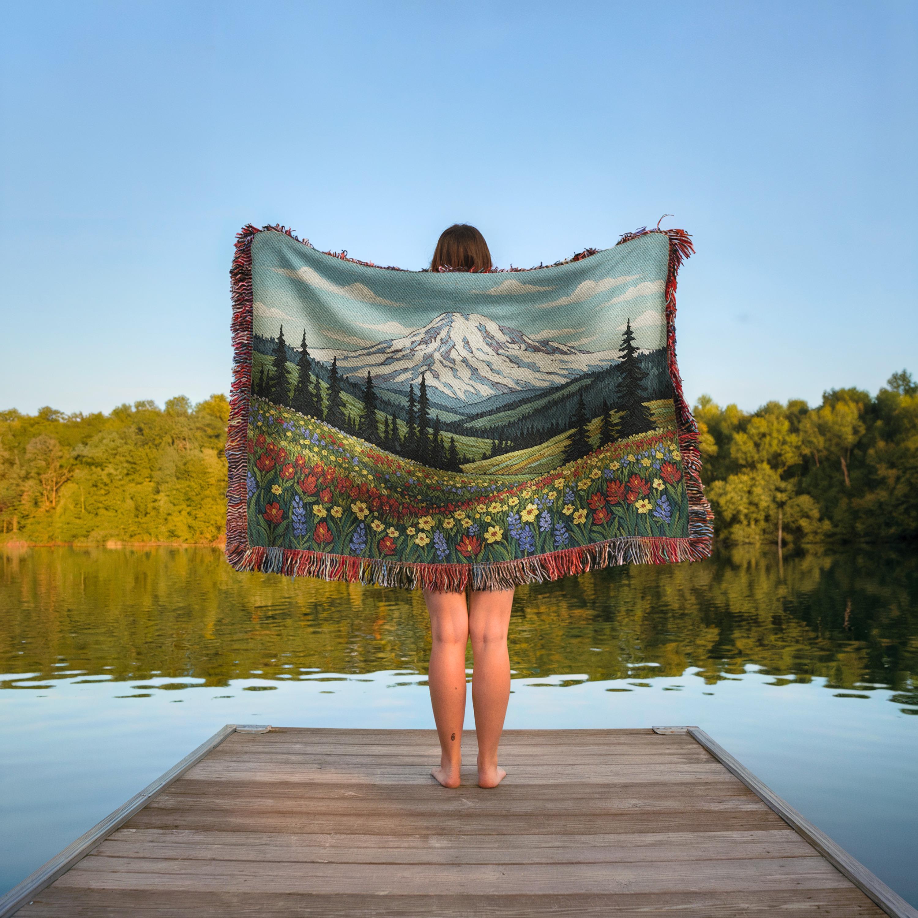 Mount Rainier Woven Blanket: PNW Camping Tapestry Throw, National