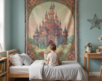 Fantasy Castle Cotton Woven Blanket: Nursery Tapestry Wall Art, Whimsical Kids Throw