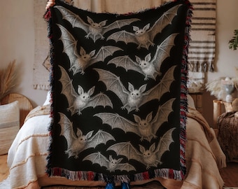 Bat Cotton Woven Blanket: Spooky Halloween Tapestry, Gothic Home Decor