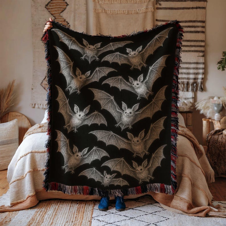 Gothic Bat Blanket, Spooky Halloween Decor, Vintage Style Throw, Dark Home Accessories, Unique Fall Gift, Cozy Bed Cover, Bat Themed Decor