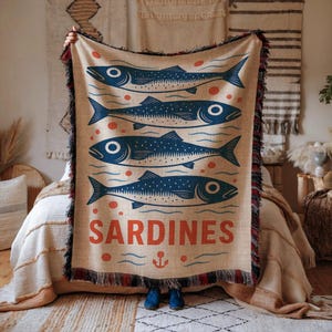 Sardines Blanket, Nautical Fish Throw, Coastal Home Decor, Ocean Theme Bedding, Unique Beach House Gift, Maritime Living Room Accent