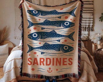 Sardine Woven Cotton Blanket: Retro Nautical Tapestry Throw