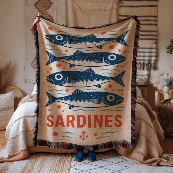 Sardine Woven Cotton Blanket: Retro Nautical Tapestry Throw