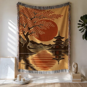 Japanese Sunset Woven Cotton Blanket: Pagoda Asian Art Throw