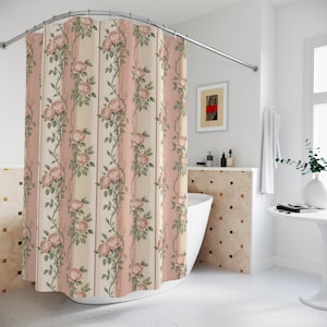 Romantic Rose Stripe Shower Curtain, Vintage Floral Bathroom Decor, Victorian Shabby Chic Roses Curtain