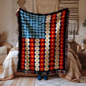 American Flag Floral Woven Blanket, Patriotic Throw Blanket, 4th July Decor, USA Flag Blanket