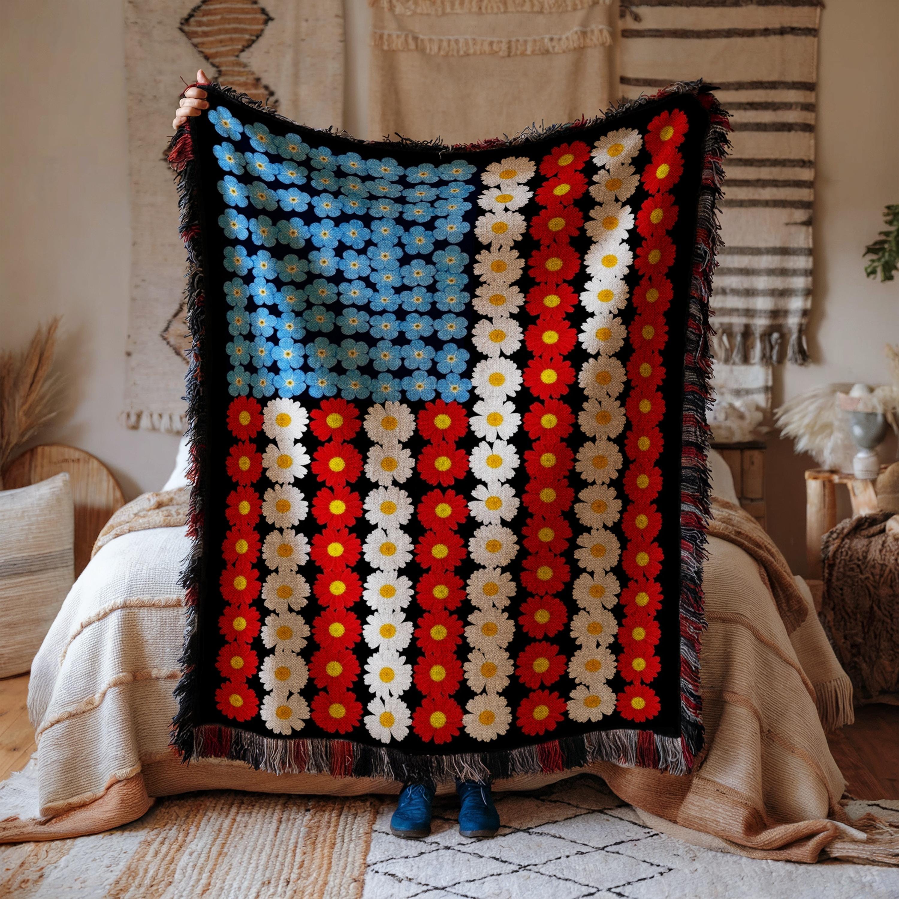 American Flag Woven Cotton Throw Blanket: Patriotic 4th July Decor