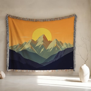 Mountain Sunset Woven Blanket: Cotton Tapestry Throw, Cozy Home Decor