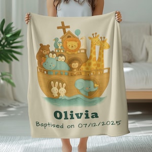 Personalized Noah&#39;s Ark Baby Blanket: Woven Cotton Christening Gift