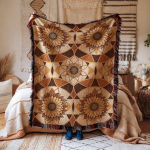 Boho Sunflower Cotton Woven Blanket: Rustic Farmhouse Throw