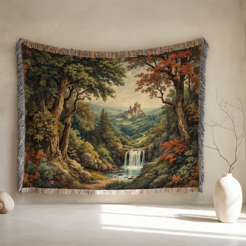 Castle Tapestry Wall Hanging, Forest Scene Tapestry, Waterfall Tapestry, Nature Art Tapestry, Home Decor, Scenic Wall Art
