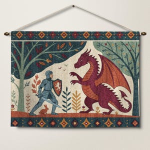 Woven Dragon Knight Tapestry, Whimsical Fantasy Kids Room Wall Art