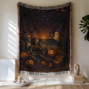 Summerween Woven Blanket, Beach Halloween Blanket, Summerween Blanket, Halloween Blanket, Skeleton, Ghost Woven Blanket