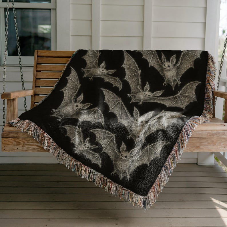 Halloween bat pattern blanket, spooky theme throw blanket, gothic home decor, black and white bat design, cozy and warm