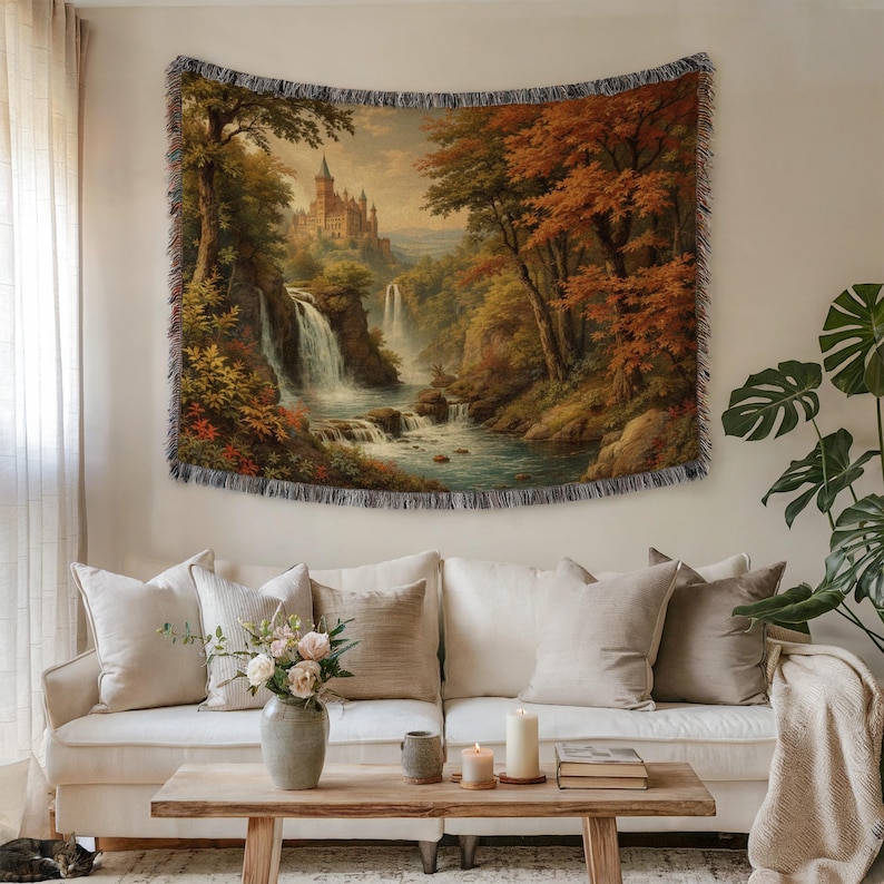 Scenic Castle Tapestry, Forest Waterfall Wall Art, Autumn Decor, Bohemian Home Decoration, Nature Inspired Wall Hanging