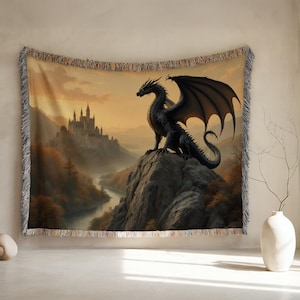 Coperta arazzo drago: coperta in cotone intrecciato con motivo castello fantasy