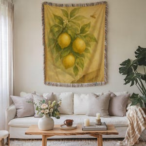 Lemon Tree Woven Blanket: Cottagecore Tapestry, Botanical Decor