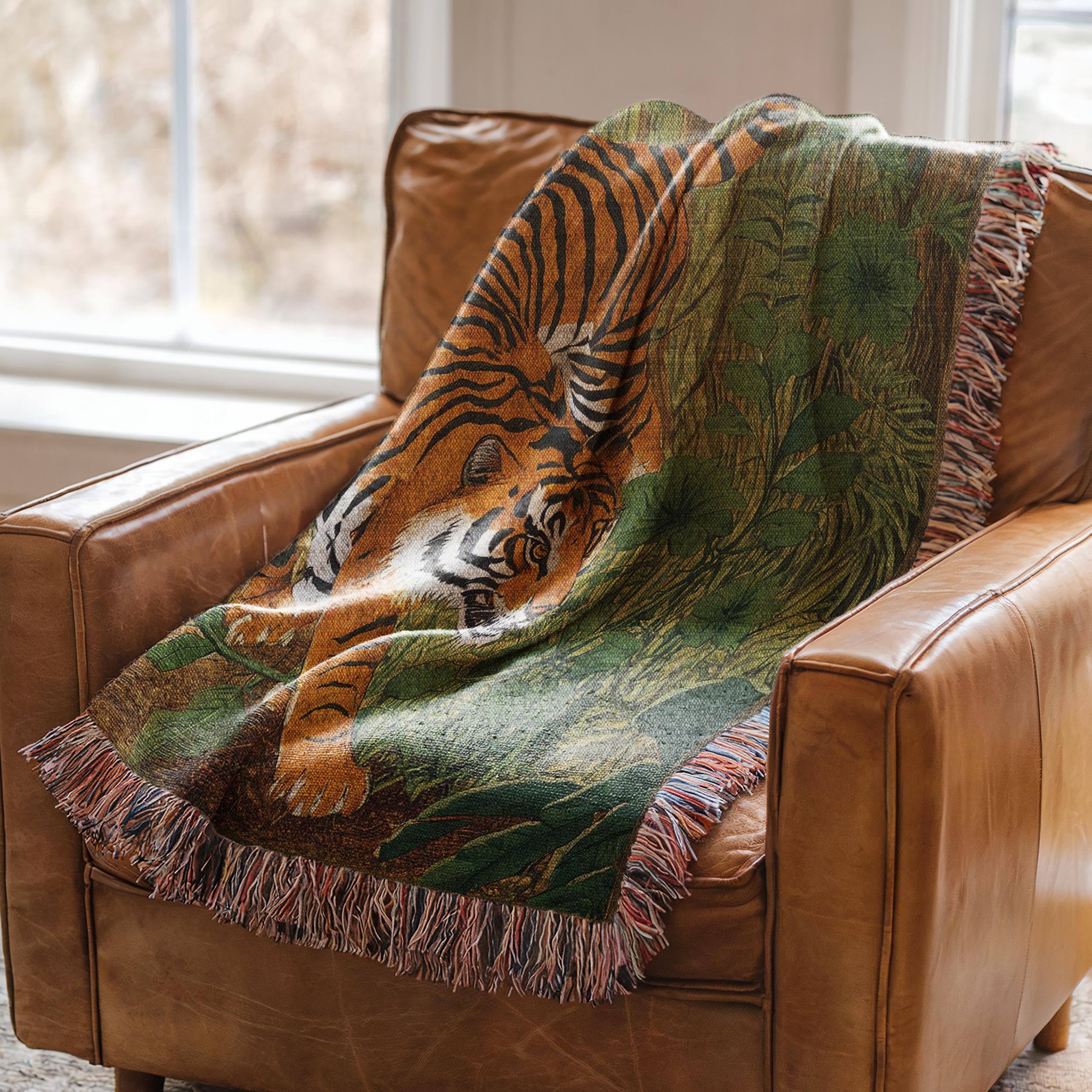 Tiger Woven Blanket: Cotton Jacquard Throw, Jungle Tapestry - Etsy