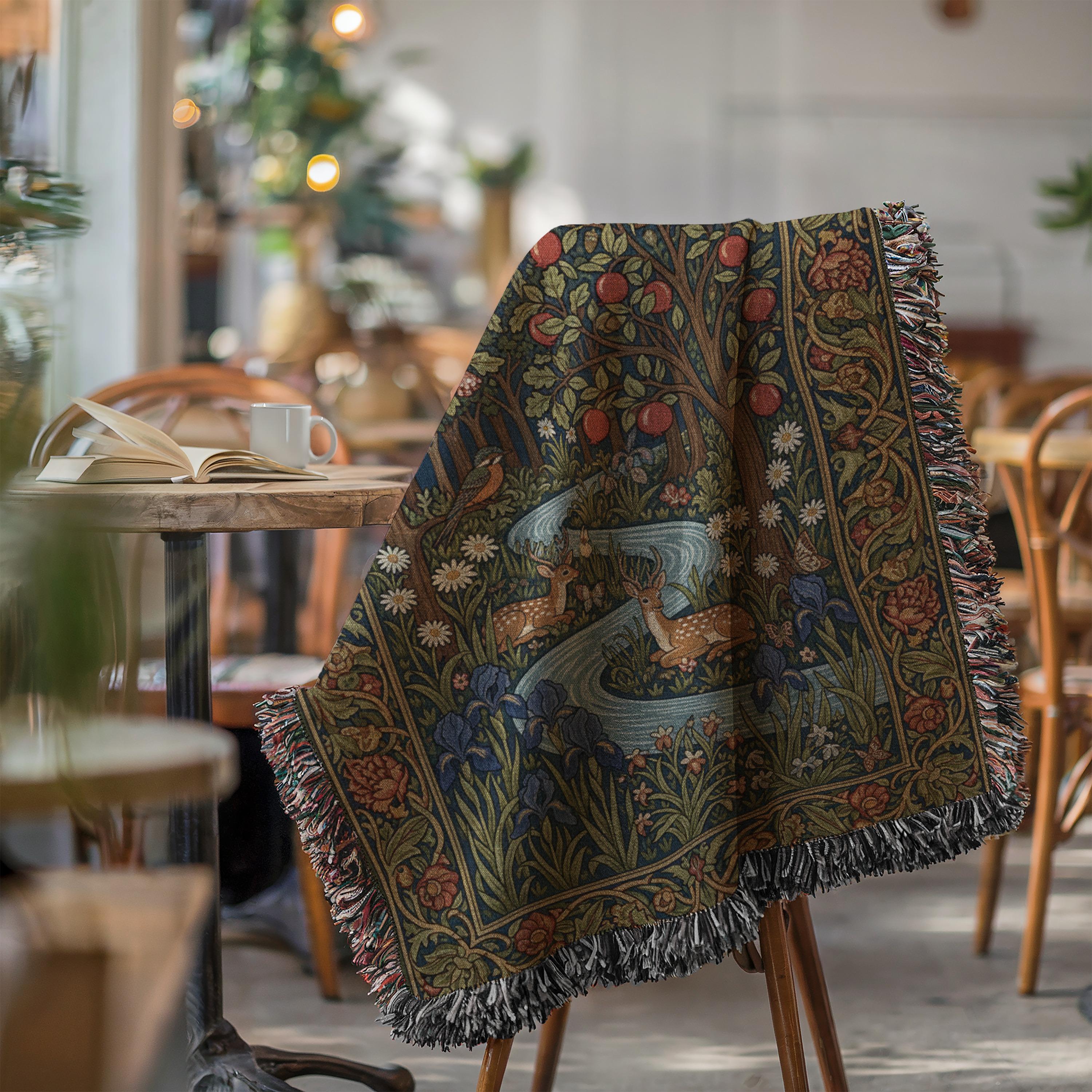 William Morris Forest Woven Blanket | Cottagecore Deer Tapestry