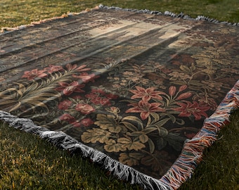 Medieval Castle Woven Blanket: Flemish Tapestry Art, Forestcore Cotton Throw