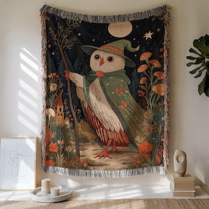 Owl Wizard Woven Blanket, Magical Forest Tapestry, Whimsical Art Throw, Cottagecore Decor, Gift for Fantasy Lovers, Bookworm Gift