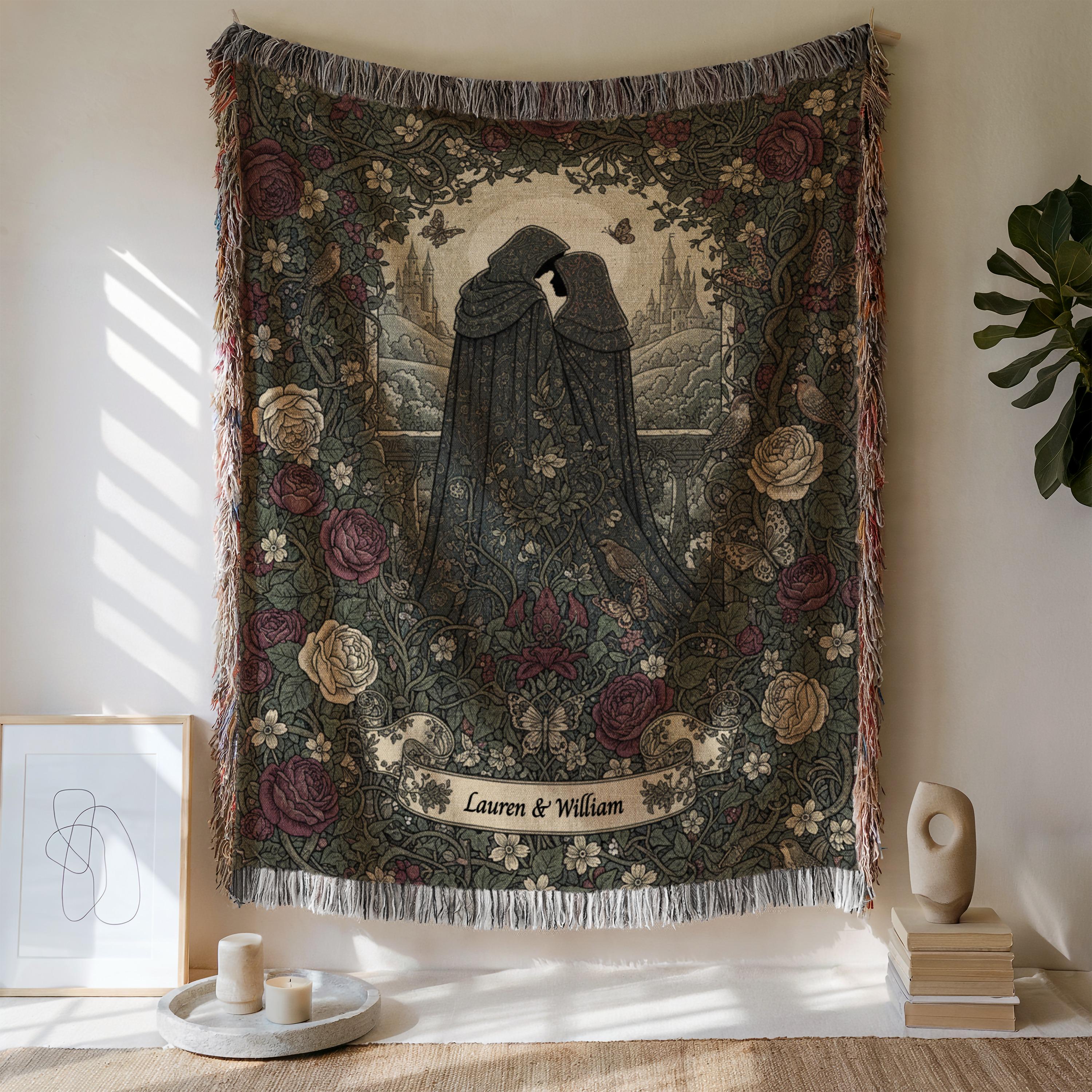 Gothic Floral Couple Woven Blanket | Medieval Romance Tapestry