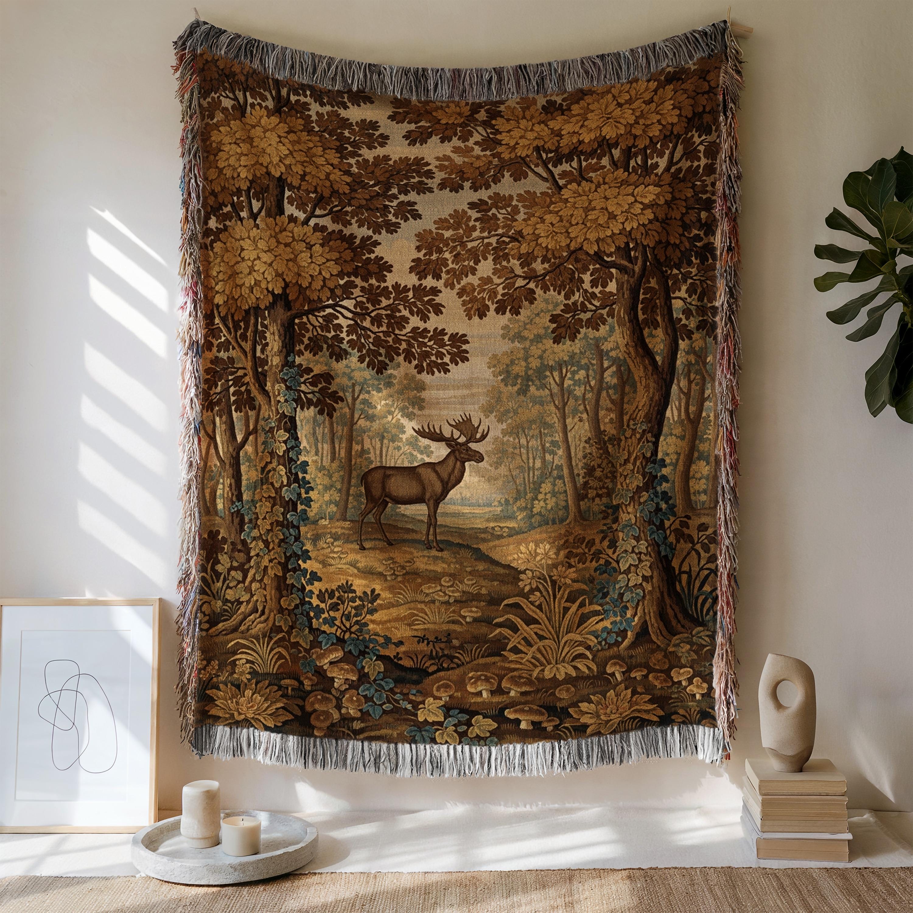 Forest Woven Blanket: Cotton Moose Tapestry Throw With Fringe - Etsy