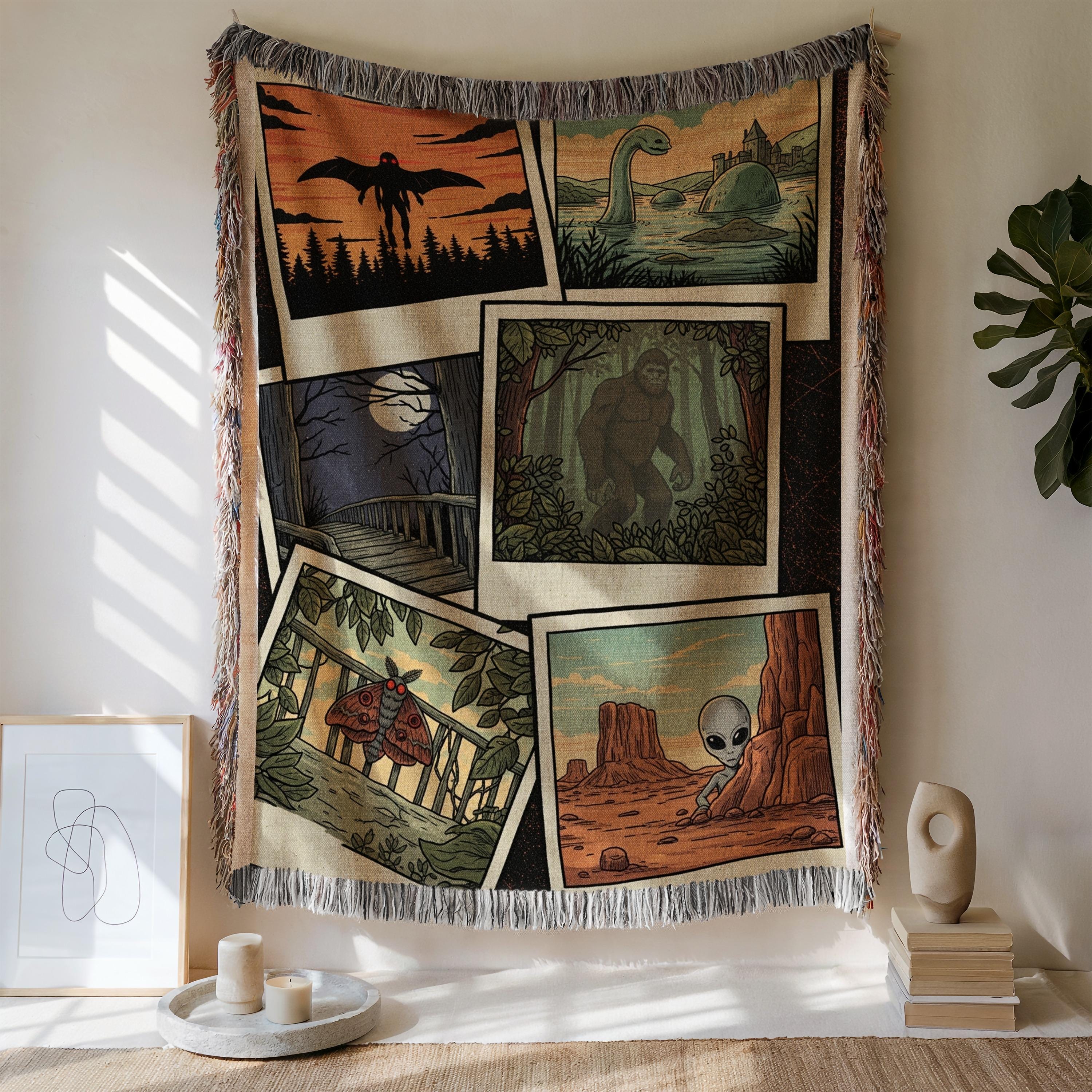 Cryptid Woven Blanket: Mothman, Bigfoot, Loch Ness - Weirdcore