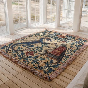 Medieval Dragon Tapestry Rug, Fantasy Art Carpet, Enchanted Castle Decor, Knight and Dragon Scene, Fairytale Themed Rug