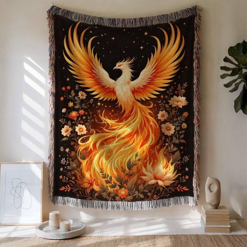 Phoenix Tapestry Wall Hanging, Bohemian Wall Art Decor, Mystical Bird Artwork, Vibrant Firebird Design, Large Bedroom Decor
