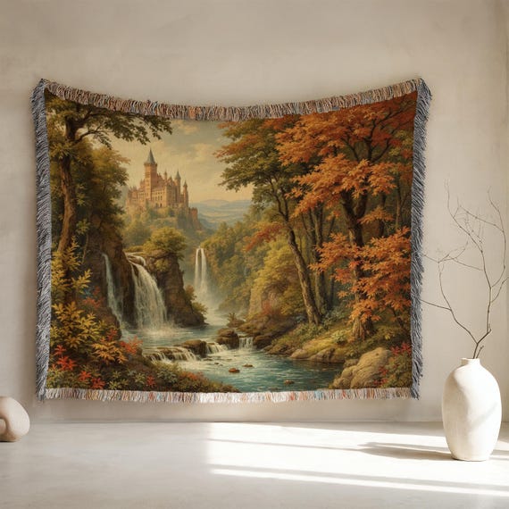 Enchanted Forest Woven Blanket, Verdure Castle Tapestry Wall Hanging, Rustic Nature Cotton Throw