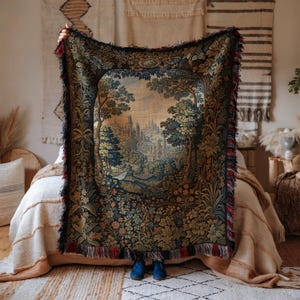 Medieval Tapestry Blanket, Vintage Castle Throw Blanket, Floral Garden Wall Hanging, Renaissance Home Decor, Elegant Cozy Blanket